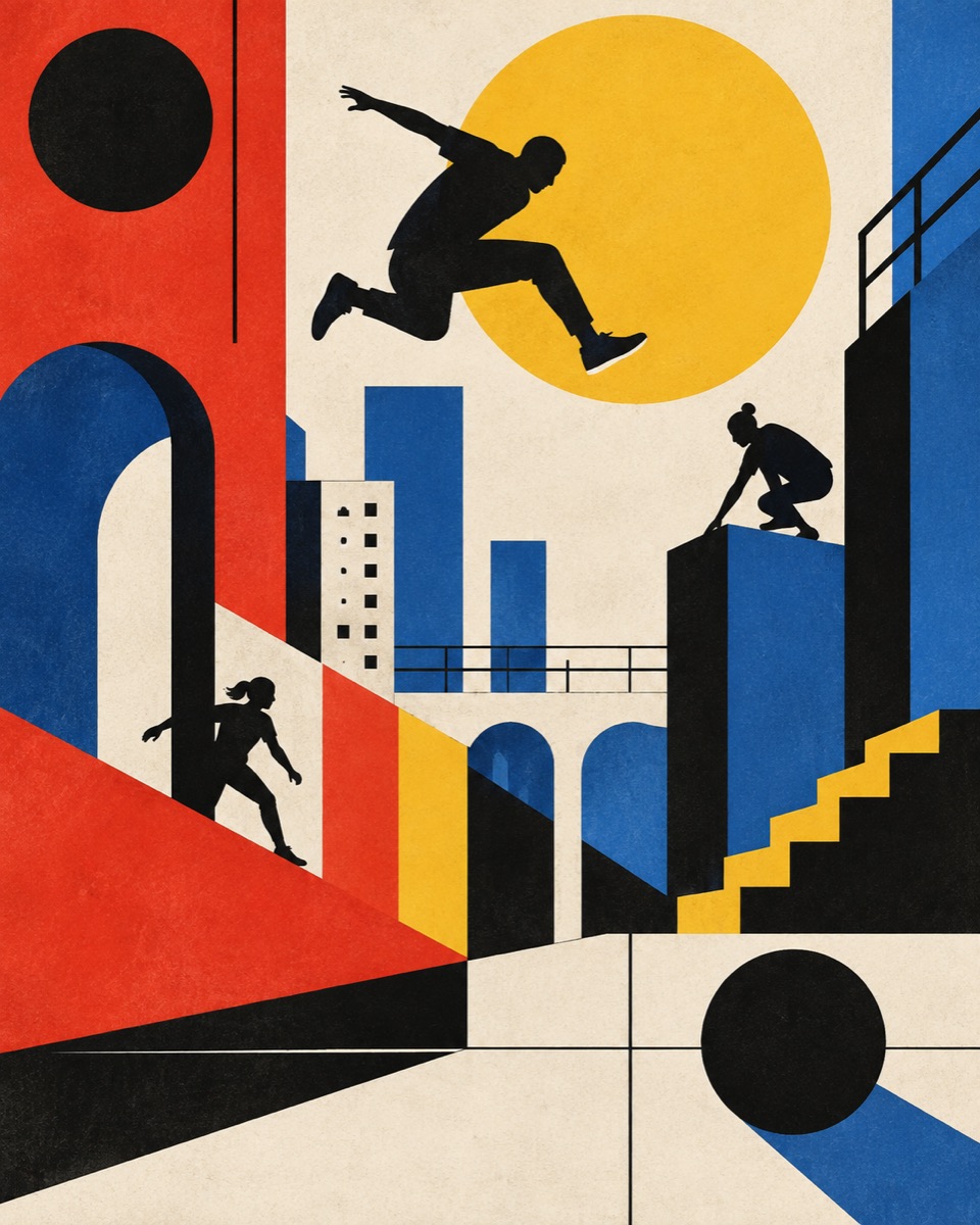 Bauhaus-inspired poster of primary geometric forms arranged in dynamic asymmetric balance