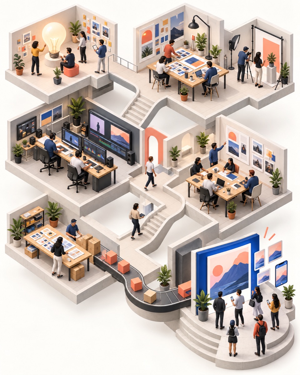 Isometric miniature studio workflow with connected rooms, worktables, pathways, and tiny figures