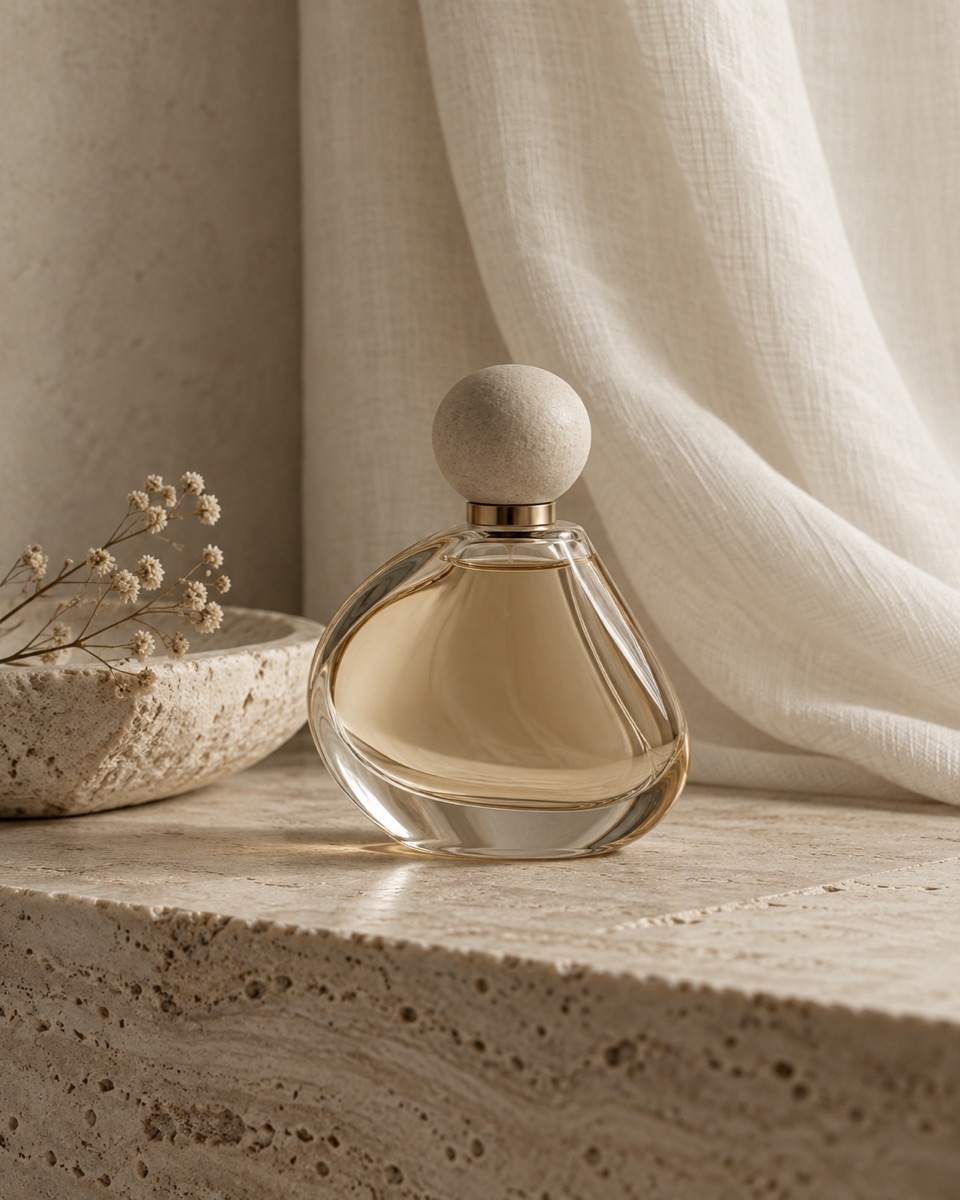 Sculptural perfume bottle on travertine with cream linen and soft window light