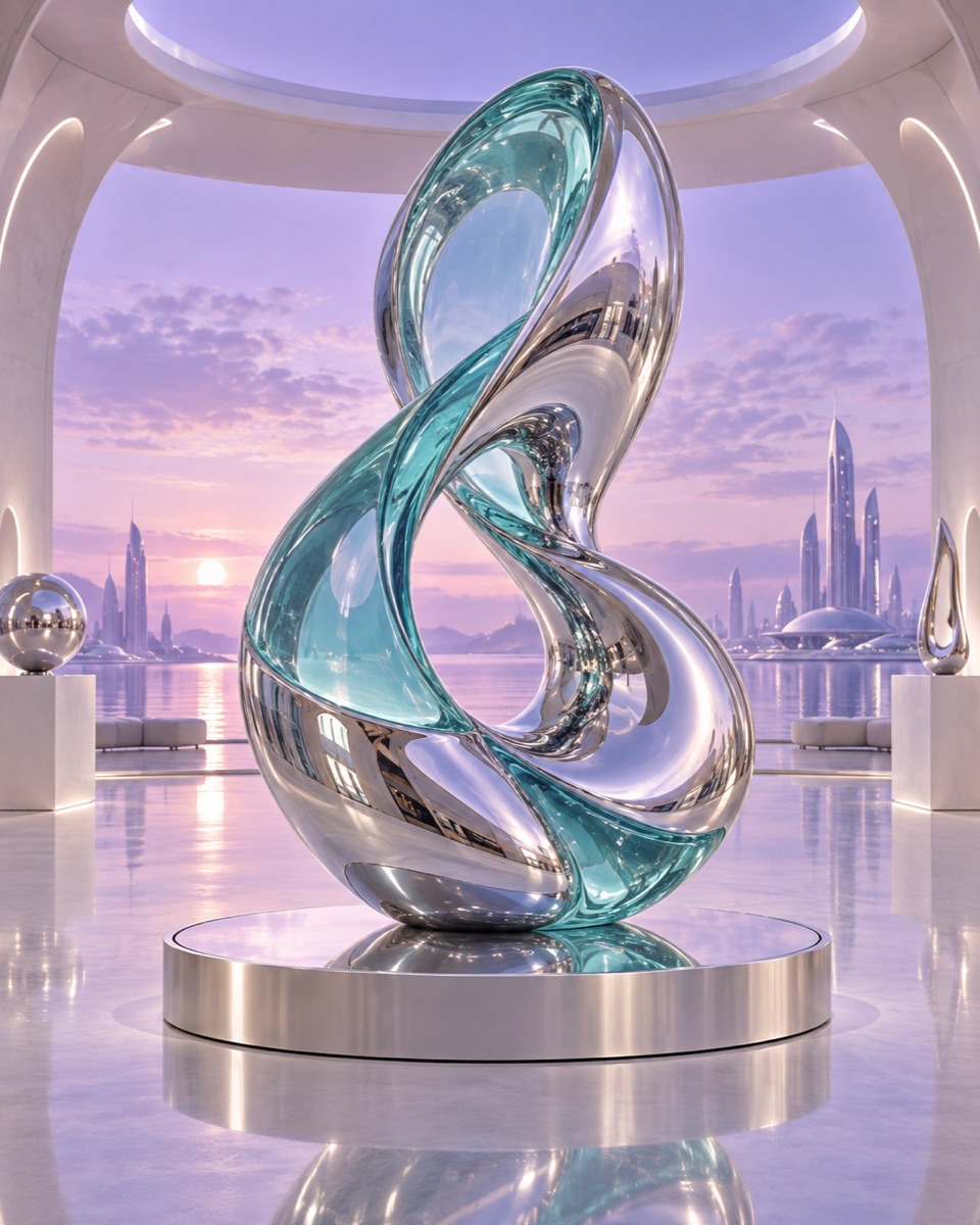 Mirror chrome and aqua glass sculpture in a lavender retro-futurist gallery
