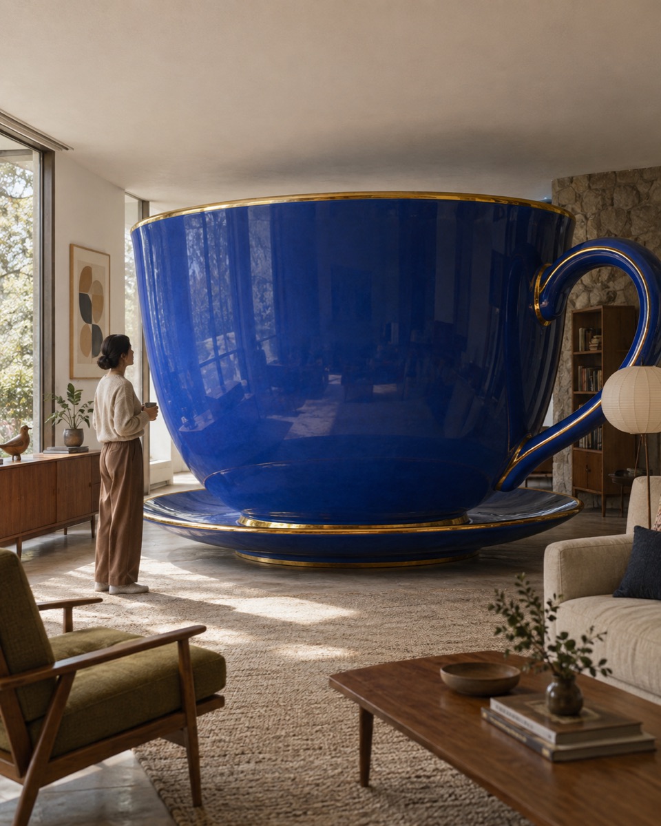 Oversized cobalt teacup filling a warm neutral living room with a person shown for scale
